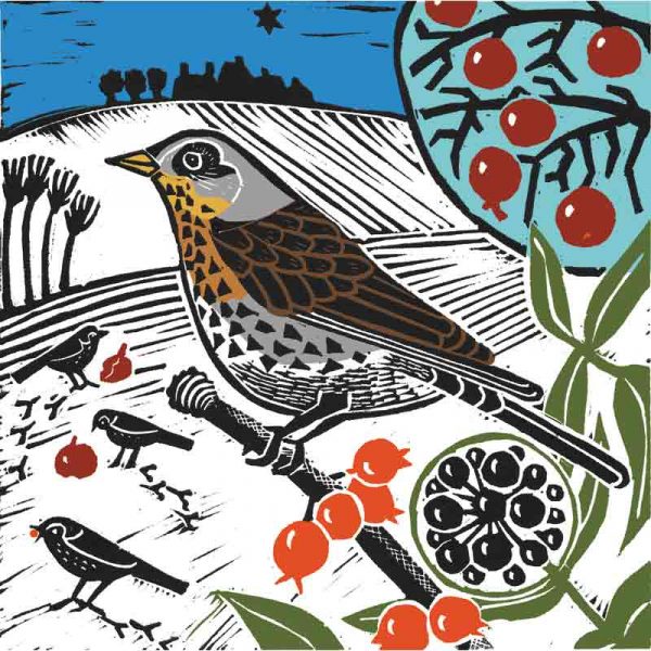 winter visitor linocut print by kate heiss