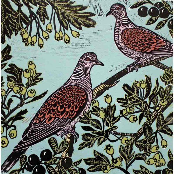 Two turtle doves linocut print by kate heiss