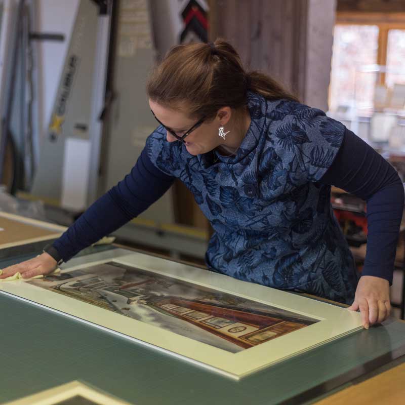 Charlie in the framing workshop at Walsingham Gallery and Framing