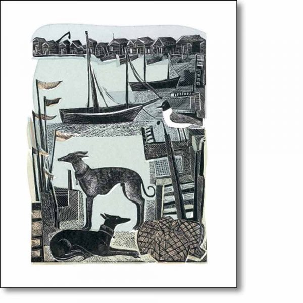 Greetings card of 'Harbour Whippets' by Angela Harding