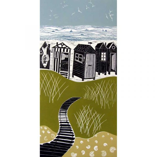 Linocut print of Walberswick by Diana Ashdown