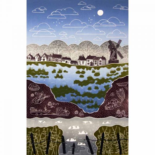 Linocut print of Cley Next the Sea by Diana Ashdown