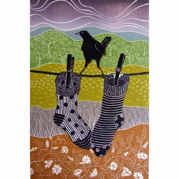 Linocut print of 'socks' by Diana Ashdown