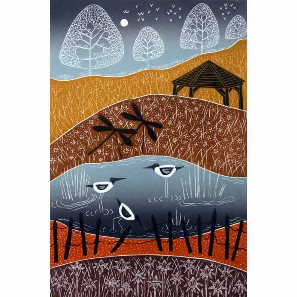 Linocut print 'Wintry Pensthorpe' by Diana Ashdown