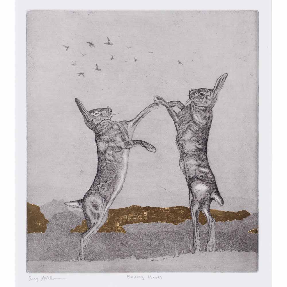 'Boxing Hares', etching by Guy Allen