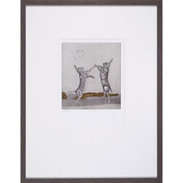 'Boxing Hares' etching by Guy Allen, framed