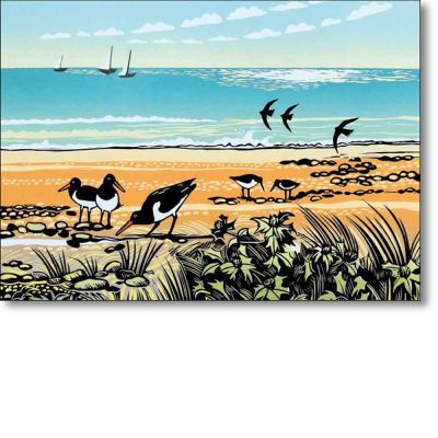 Greeting card of 'Sea Holly and Oystercatchers' by Rob Barns