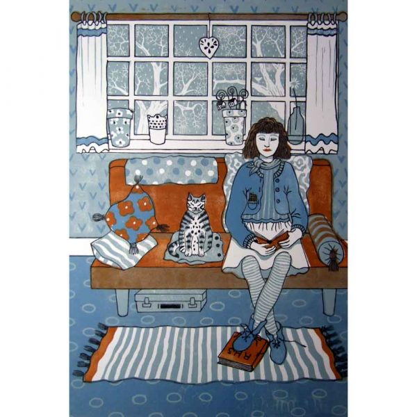 Linocut print of 'Cat Sitting' by Diana Ashdown