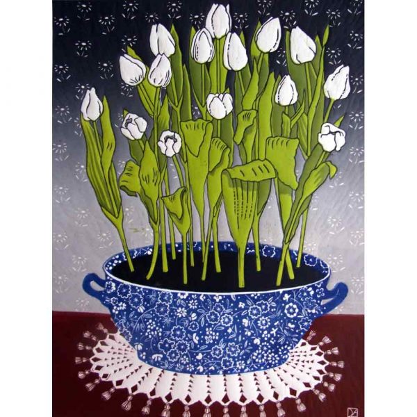 Linocut print of 'White Tulips' by Diana Ashdown