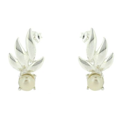 Sterling silver spring leaves stud earrings with pearls