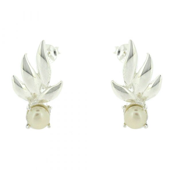 Sterling silver spring leaves stud earrings with pearls