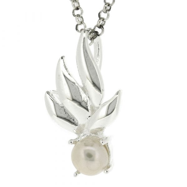Sterling silver spring leaves & pearl pendant
