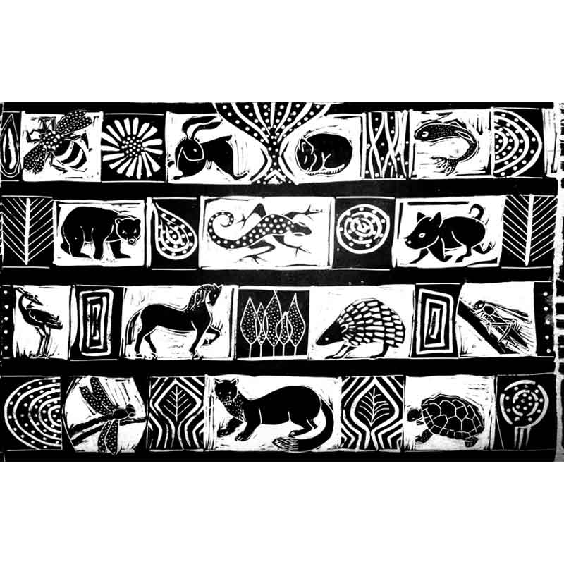 Linocut of animals in black & white by Annette Rolston