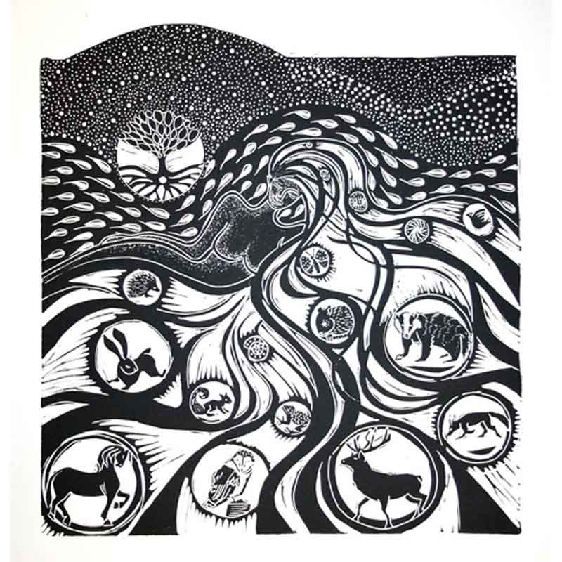 Black & white linocut of female earth mother figure with animals