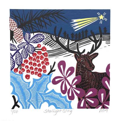 linocut print of a starlight stag by Kate Heiss