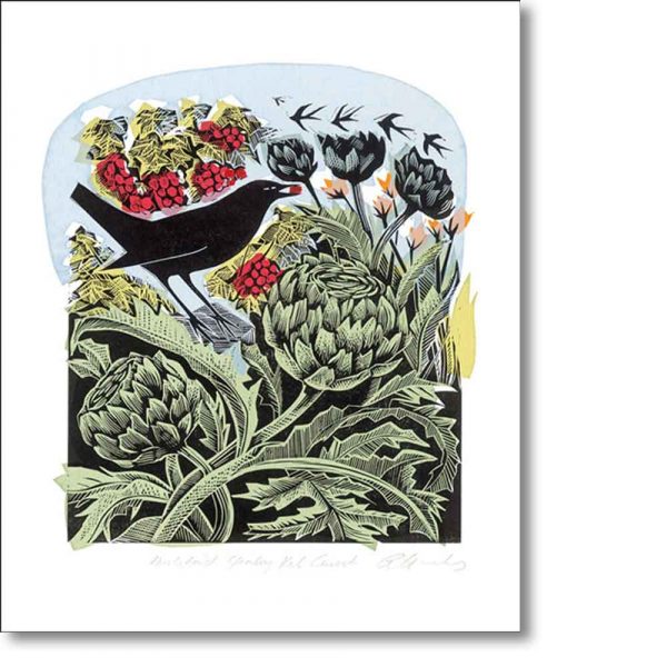 Greetings card of 'Blackbird Stealing Red Currants' by Angela Harding