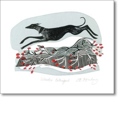 Greeting card of 'Winter Whippet' by Angela Harding