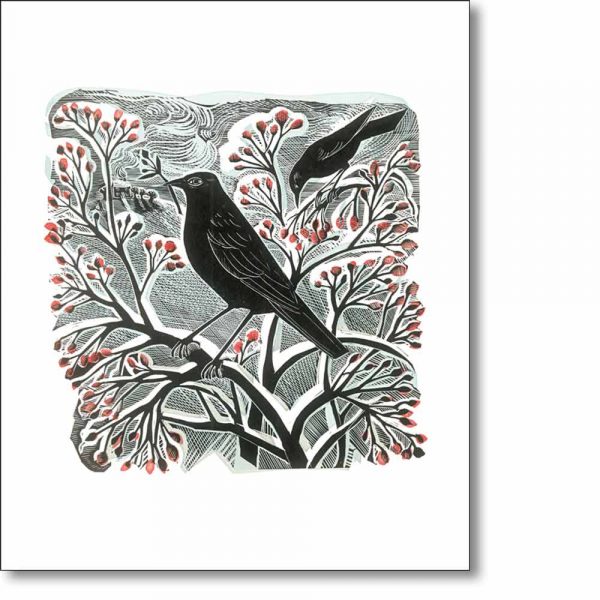 Greeting card of 'Blackbirds and Berries' by Angela Harding