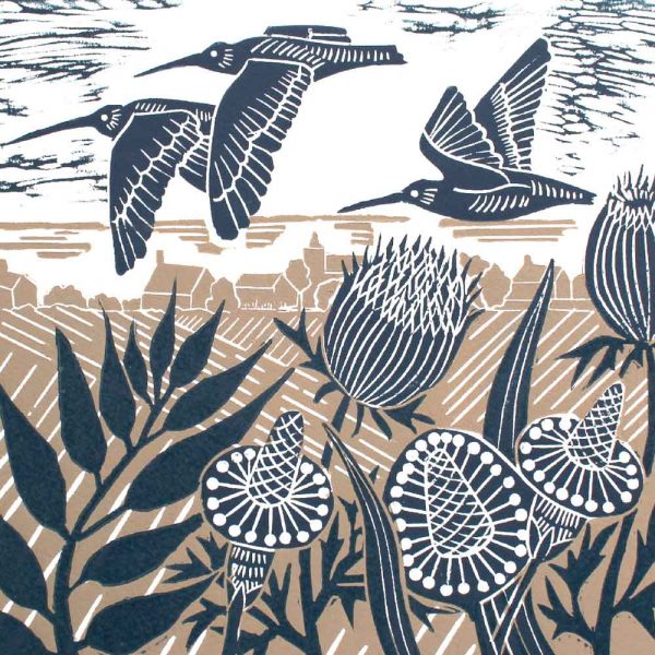 'Curlews Over the Coast' linocut print by Kate Heiss