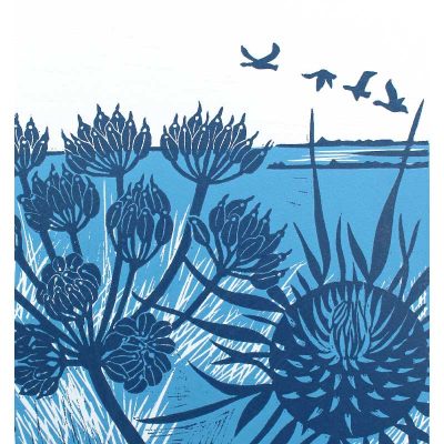 'Geese Over the Marsh - Vintage Blue' linocut print by Kate Heiss