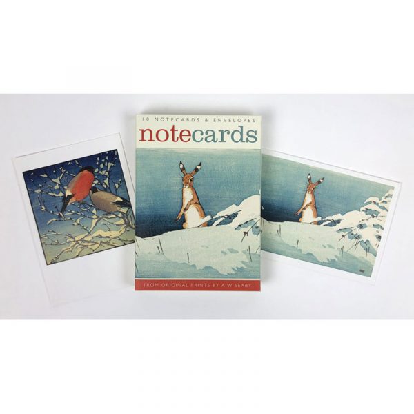 Notecards pack of 'Hare in Snow & Bullfinches' by A W Seaby