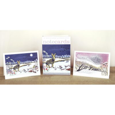 Notecards pack of 'Winter Hares & Midwinter Starlings' by Niki Bowers