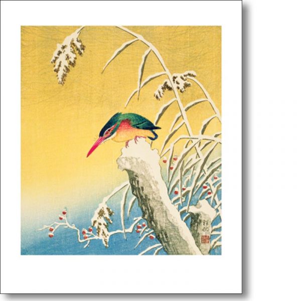 Greeting card of 'Kingfisher in the Snow' by Ohara Koson