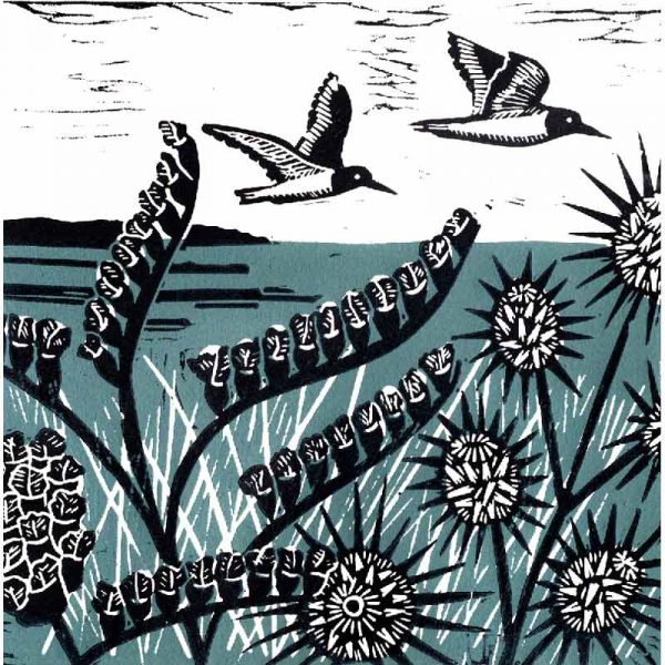 'Oystercatchers Over Holkham' linocut print by Kate Heiss
