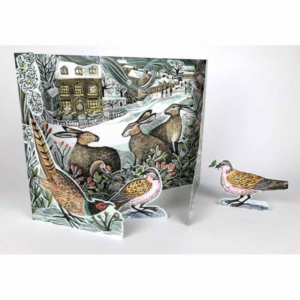Standing view of advent calendar, We Three Hares by Angela Harding