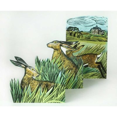 Fold-out card 'Hares and Open Fields' by Angela Harding