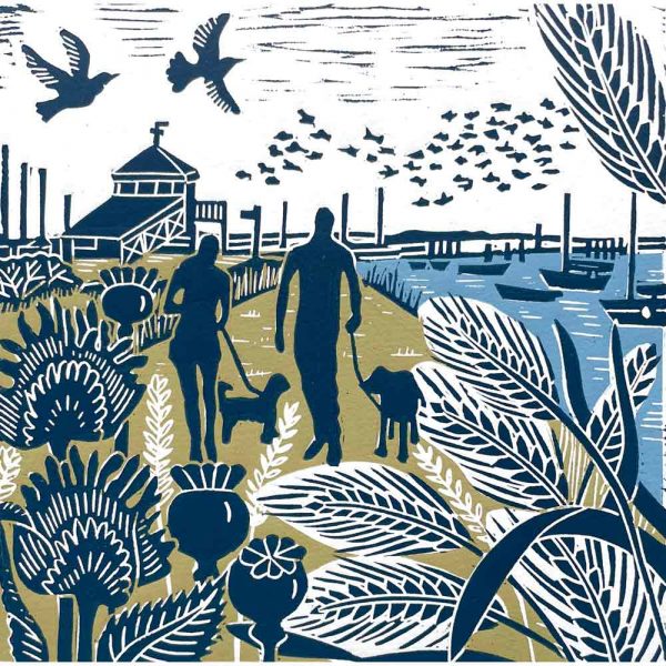 'Walking the Coast Path' linocut print by Kate Heiss