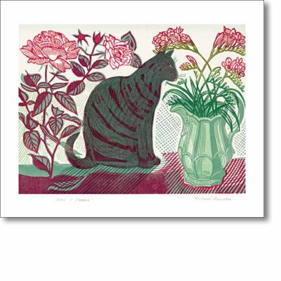 Greetings card of 'Roses and Freesia' by Richard Bawden