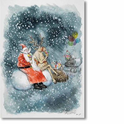 Christmas Card 'Santa and Rudolph eating ice cream' by Ronald Searle