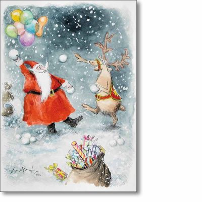 Christmas Card 'Santa and Rudolph Snowballing' by Ronald Searle