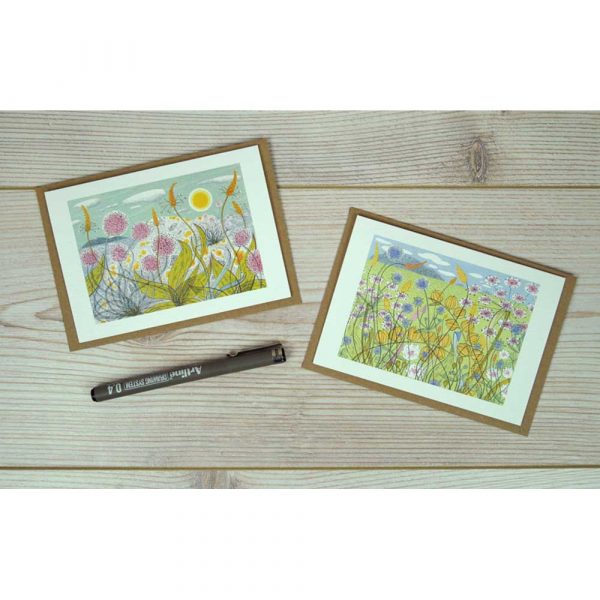 Notecard pack of 'Machair & Plantain and Thrift' by Angie Lewin