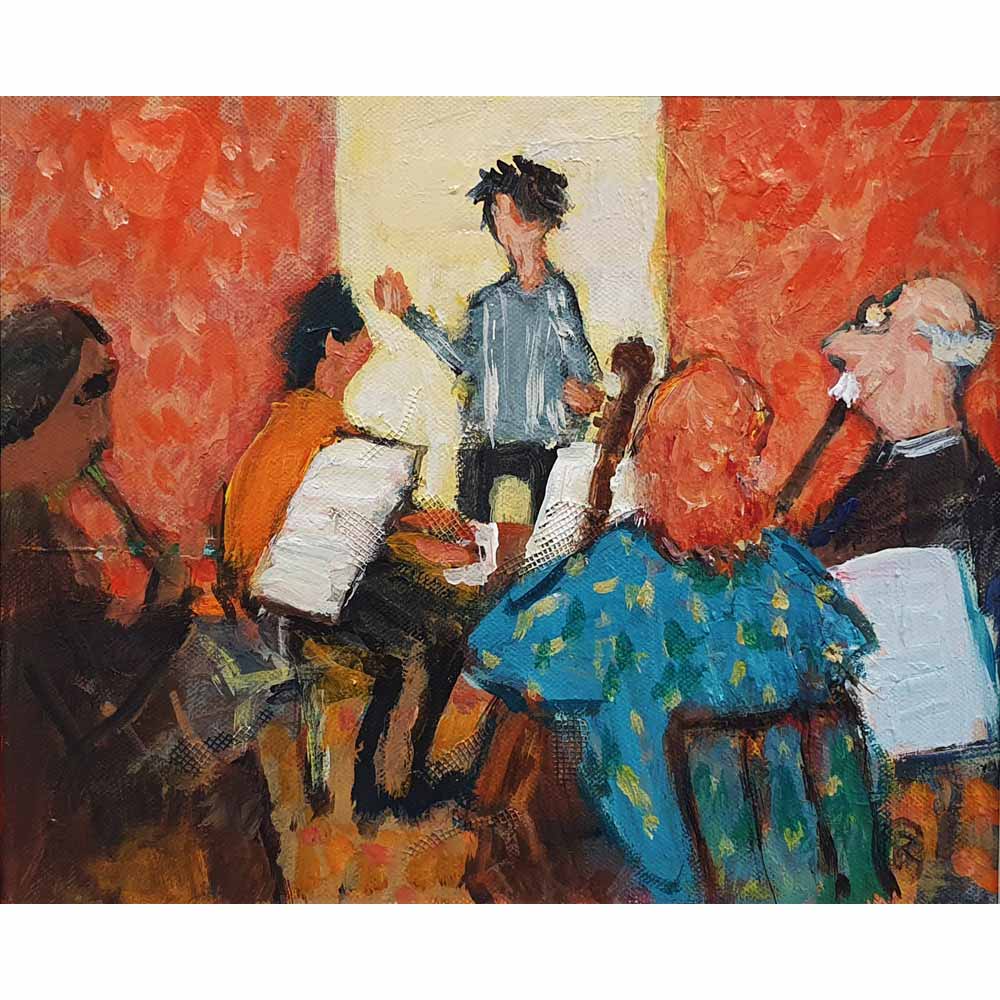 Acrylic painting 'Rehearsal in the Red Room' by Rosemary Carruthers
