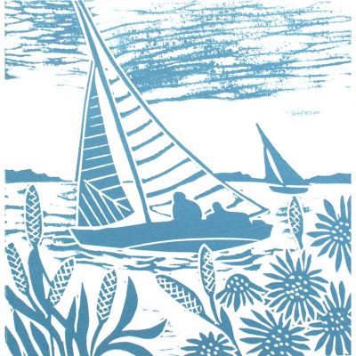 Linocut 'Brancaster Sails - Whelk Blue Series' by Kate Heiss