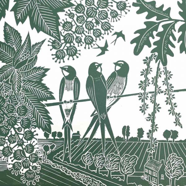 Linocut 'Summer Swallows' by Kate Heiss