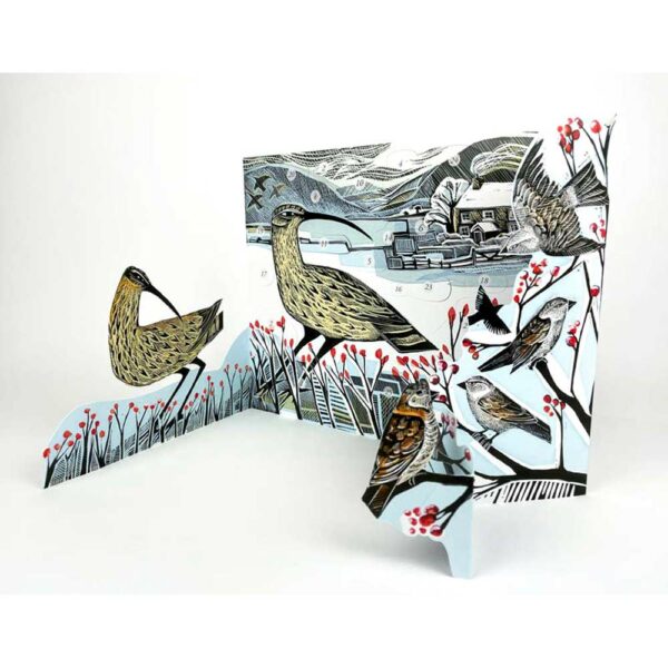 Standing view of advent calendar Curlew Christmas, by Angela Harding