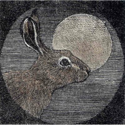 Hand Tinted Relief Print 'Hare with Moon' by Sarah Bays