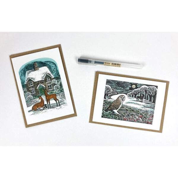 Notecard pack of Owl Flight / Christmas Cottage by Angela Harding