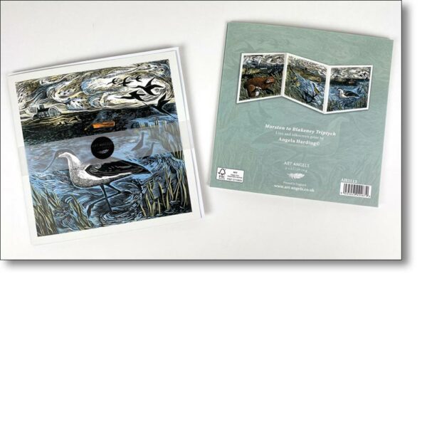 Tri-Fold card 'Morston to Blakeney Triptych' by Angela Harding, front & back view.