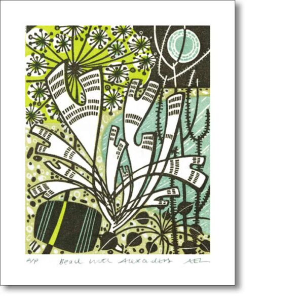 Greetings card 'Beach with Alexanders' by Angie Lewin