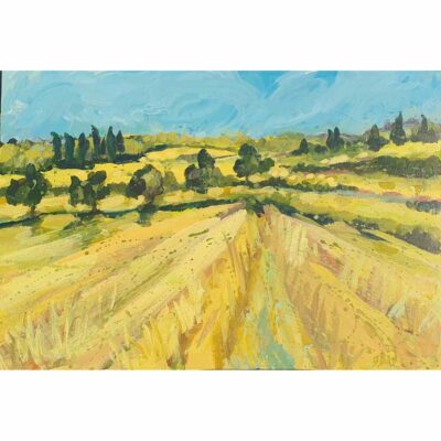 Acrylic painting 'Barley fields in deep summer turn a particular shade of gold and glow from within' by Mary Blue