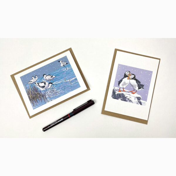 Note card pack of 'Snowy Puffins & Winter Avocets' by Lizzie Perkins