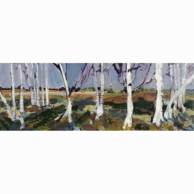 Acrylic painting 'The purple spiral amongst the silver birch ghost trees' by Mary Blue