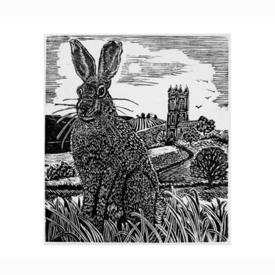 Wood Engraving 'Church & Hare in Norfolk' by Lyn May