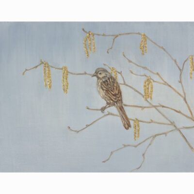 Oil on canvas painting 'Hedge Sparrow and Hazel' by Bella Bigsby