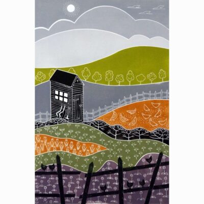 Linocut print of 'Garden Chooks' by Diana Ashdown