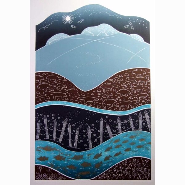 Linocut print of 'Nocturnal' by Diana Ashdown